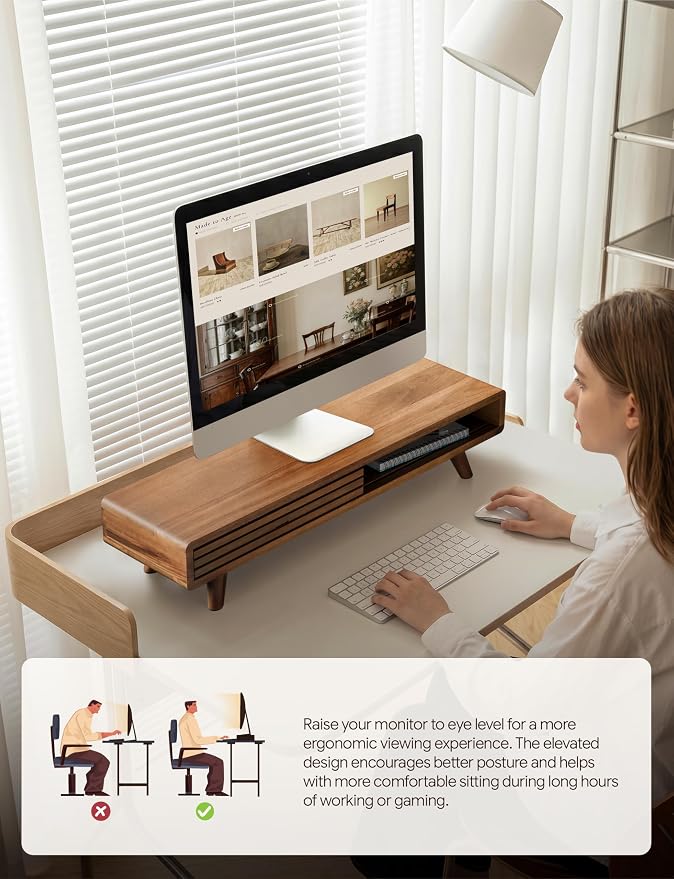 Tinamo 24" Wood Monitor Stand Riser with Sliding Door and Cable Management | Acacia Wood, Ergonomic Design, Fits Most 24"-32" Monitors, Non-slip, Hidden Multi-purpose Storage, All Hardware Included - Image 5