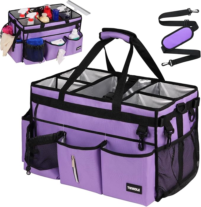 Extra-Large Cleaning Caddy Bag With Detachable Divider,Cleaning Caddy For Cleaning Supplies Cleaning Supply Caddy With Adjustable Shoulder Strap & Waist Belt For Cleaners by TWINDLE