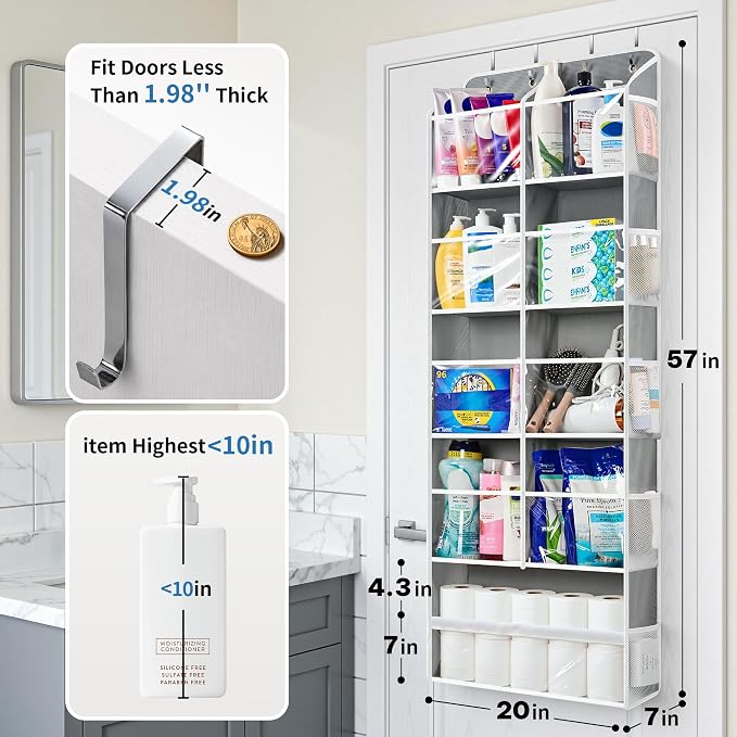 JARLINK Over the Door Organizer, Extra Large Storage for Bedroom, Grey | Anti-Tilt 100 lb Load Capacity, Hanging Door Organizer with 5 10 Mesh Pockets, Behind Door Storage for Bathroom, Nursery - Image 2