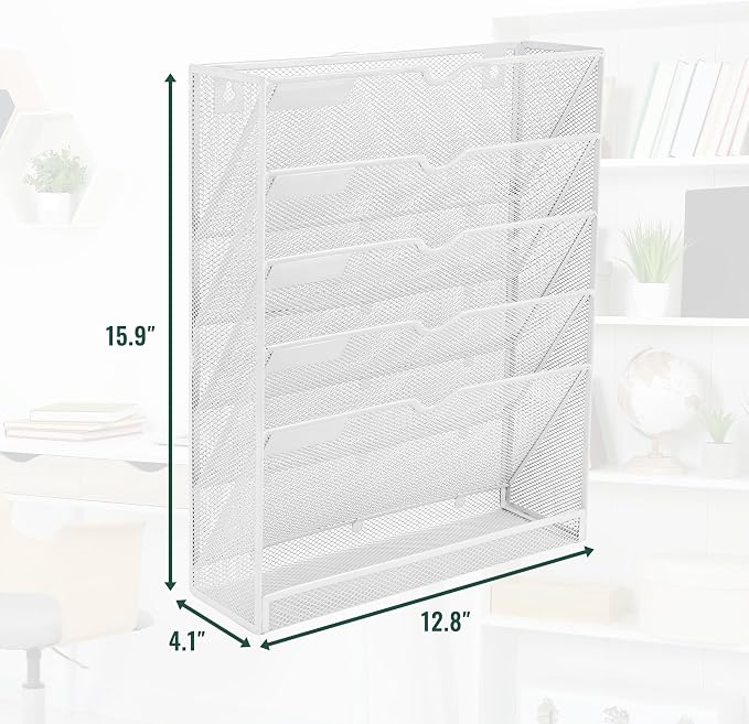 6 Tier Mesh Hanging Wall File Organizer, Desk Vertical Mail Paper Document Folder Holder Rack with Bottom Tray and Nametag Label for Office Home School, White - Image 2