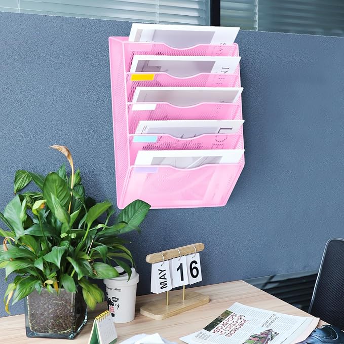 5 Pockets Mesh Wall File Holder Organizer Office Hanging File Folder Magazine Rack, Nametag Label Hooks Set Included (Pink) - Image 7