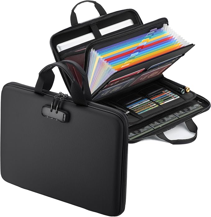 Fireproof Document Box with Lock, Hard-Shell Case Fireproof File Organizer with 13 Pocket Accordion File Folder, Portable Home Office Travel Safe Storage for Important Documents Laptop by EXLIFBAG