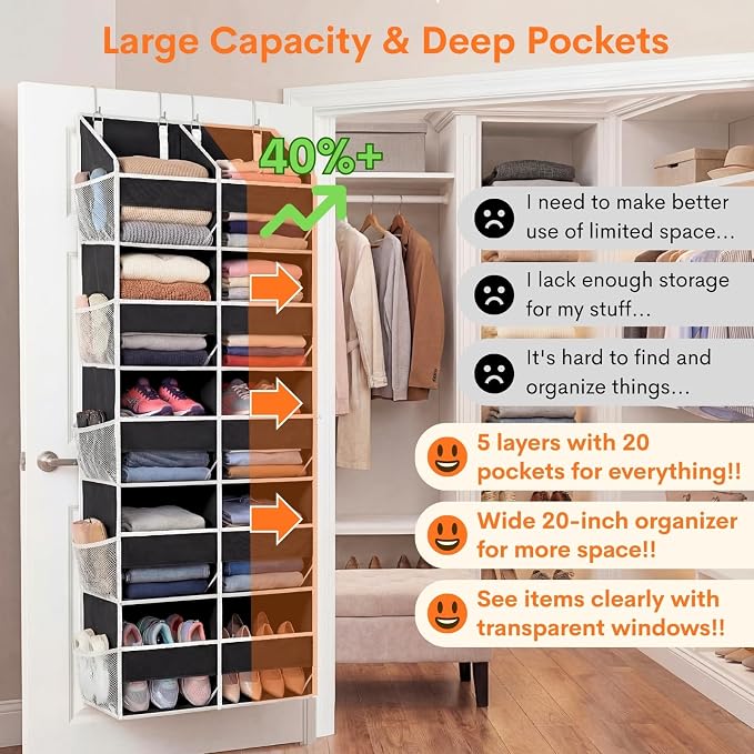 Over the Door Organizer 5 Tiers, Extra Large Behind Door Storage of 10 Compartments, 80 lbs Weight Capacity Hanging Storage Organizer with Clear Window Kids Toys, Shoes, Diapers, Room storage - Image 2