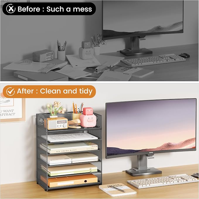 Subekyu 6 Tier Paper Organizer for Desk with Handle, Metal Mesh Desk Office File Folder Paper Letter Tray Accessories Organizer Sorter for Home, School, Office Desktop Document Organization - Gray - Image 3