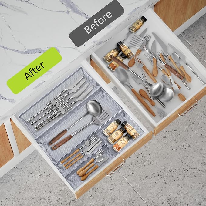Neudeco Silverware Drawer Organizer, Pack 5, Silver | Utensil Organizer, For Large Utensils, Interlocking Arm, Cutlery Tray for Knives Fork Spoon - Image 5