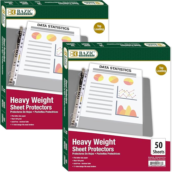 BAZIC Products Heavy Weight Sheet Protectors, Top-Load, Letter, 2-Pack | letter size, heavy weight top-loading sheet protectors, acid-free poly, Fit 3-ring binders, Clear front and back by BAZICProducts