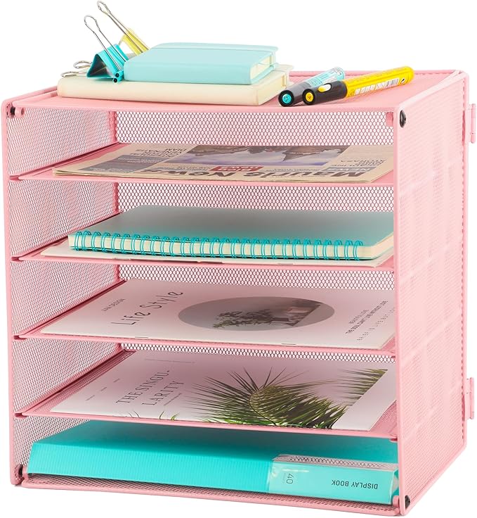 5 Slot Mesh Desk Organizer Tray, File Paper Letter Folder Holder Desktop Paper Sorter Mail Organization Rack Storage Accessories, for Office Home School Classroom, Pink by EASEPRES