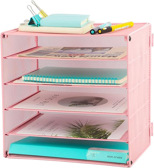 5 Slot Mesh Desk Organizer Tray, File Paper Letter Folder Holder Desktop Paper Sorter Mail Organization Rack Storage Accessories, for Office Home School Classroom, Pink by EASEPRES