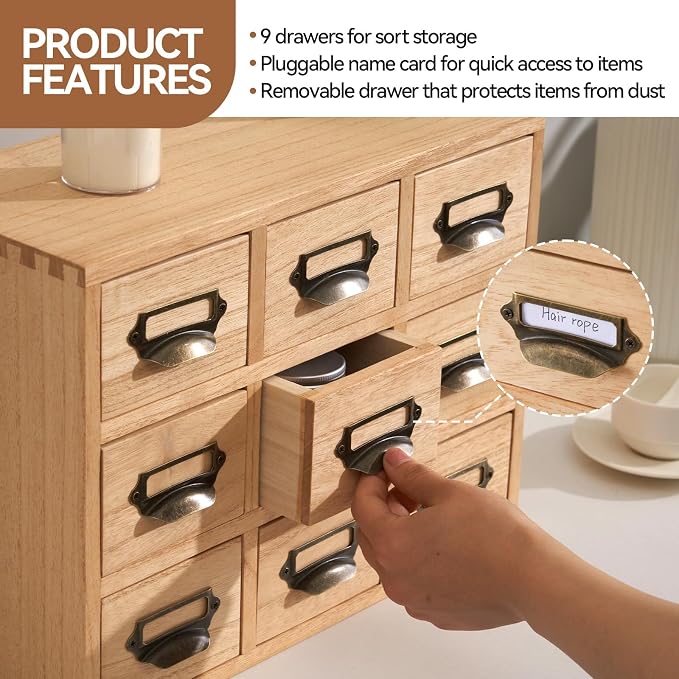 KIRIGEN Wooden Desk Organizer with 9 Drawers, Storage Cabinet, Natural | Solid Wood Desktop Organizer with Metal Label Handles for Office Supplies, Crafts, Tea Bags, Makeup, Fully Assembled - Image 5