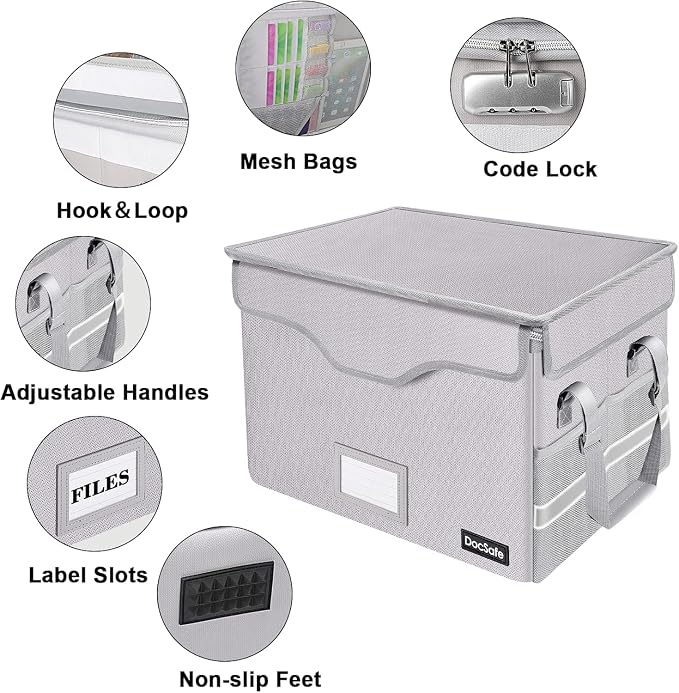 DocSafe Fireproof Document Box with Lock,File Storage Organizer with Pockets,Collapsible Portable File Box Home Office Safe Filing Cabinet with Handle for Hanging Letter/Legal Folders,Silver,2 Pack - Image 6