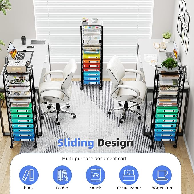 Simple Trending 14 Tier Rolling File Cart, Desk File Organizer, Paper Letter Storage Rolling Clutter Cart for Office, Home, School, Black - Image 3
