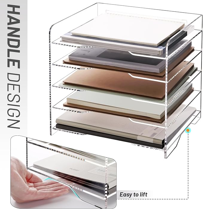 SANRUI Acrylic Paper Organizer Letter Tray, 5 Tier Enlarged File Holder | Clear Desk Organizers and Accessories, Versatile Paper Sorter Desk Shelf for Office Classroom Home,13.8 x 9.6 x 13 in - Image 3