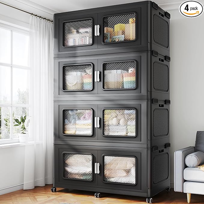 BROVIEW 1200 Qt Extra Large Stackable Storage Bin with Lids, 4 Pack Black | 300Gal Extra Large, Collapsible Storage Boxes with 4 Lids, Folding& Rolling Plastic Drawer, Heavy-Duty Cabinet Organization by BROVIEW-EnjoytheArtofLife