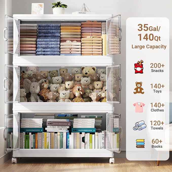 BROVIEW V60 420QT Plastic Stackable Storage Bins with Lid, 3Pack White | 105Gal Extra Large Closet Organizers Collapsible Cabinets Boxes With Drawer, Foldable Container with 4x Wheels for Home - Image 3
