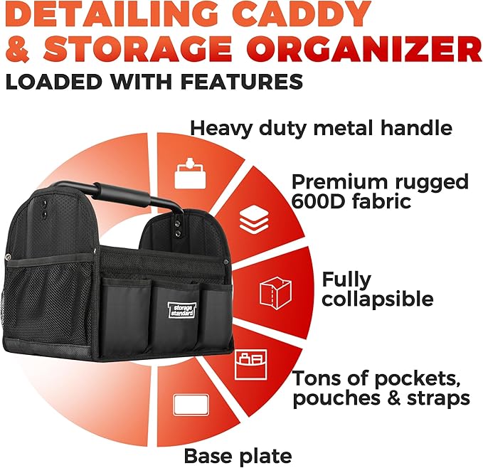 Detailing Caddy Organizer with Handle - Storage, Cars, & Cleaning Caddy for Supplies, Tools, & Home Improvement - Heavy Duty Car Detailing Supplies With Multi-Pockets & Collapsible Tote Design - Image 2