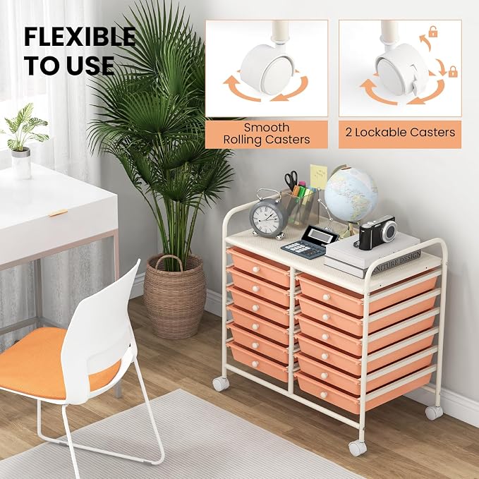 Giantex 12 Drawers Rolling Cart, Mobile Storage Drawer Cart, Classroom Organizer Cart for Office School Supplies Tools Scrapbook Paper Craft Small Printer, Utility Cart on Wheels, Peach Fuzz - Image 8