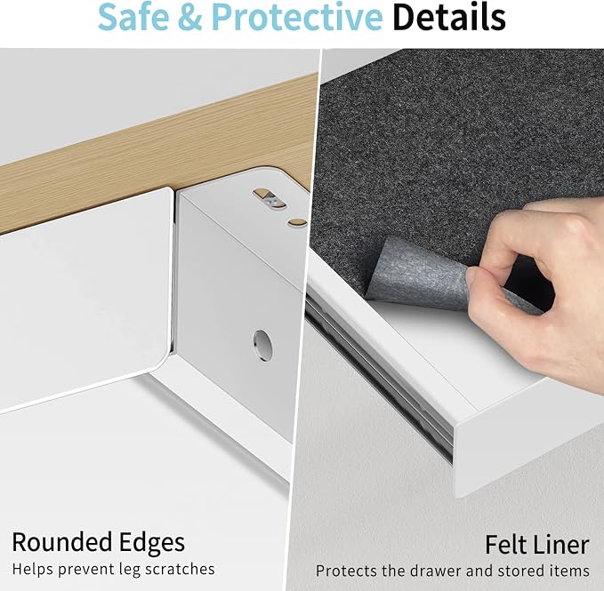 Under Desk Drawer,20.1 inch Carbon Steel Slide-Out Under Table Storage Organizer With Full Extension Ball-Bearing Slides,Undermount Drawer For Standing Desk & Home Office,White - Image 6