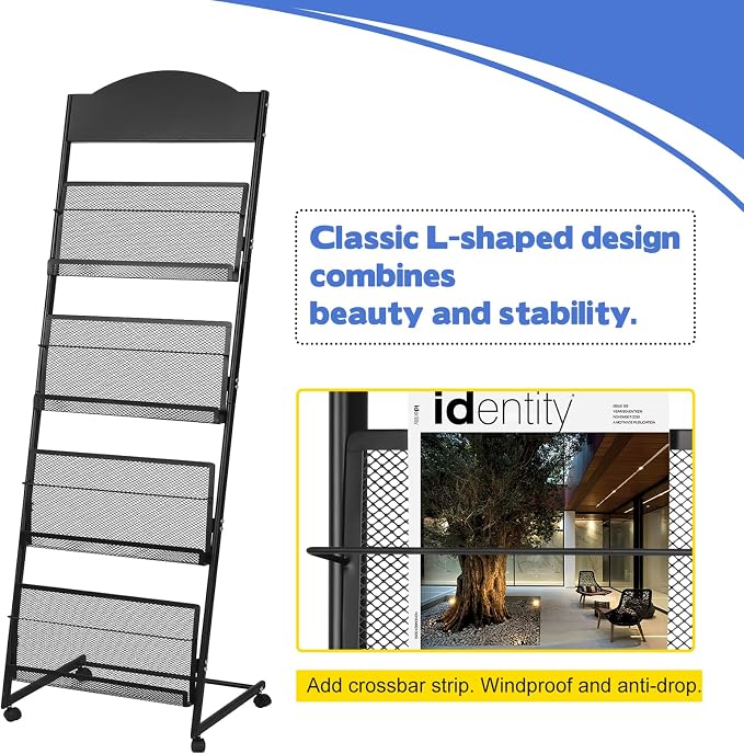 18.9''W Floor-Standing Magazine Display Rack, Rolling Journals, Brochure & Newspaper Stand, Literature Holder for Trade Shows, Exhibitions, & Offices, Black - Image 2
