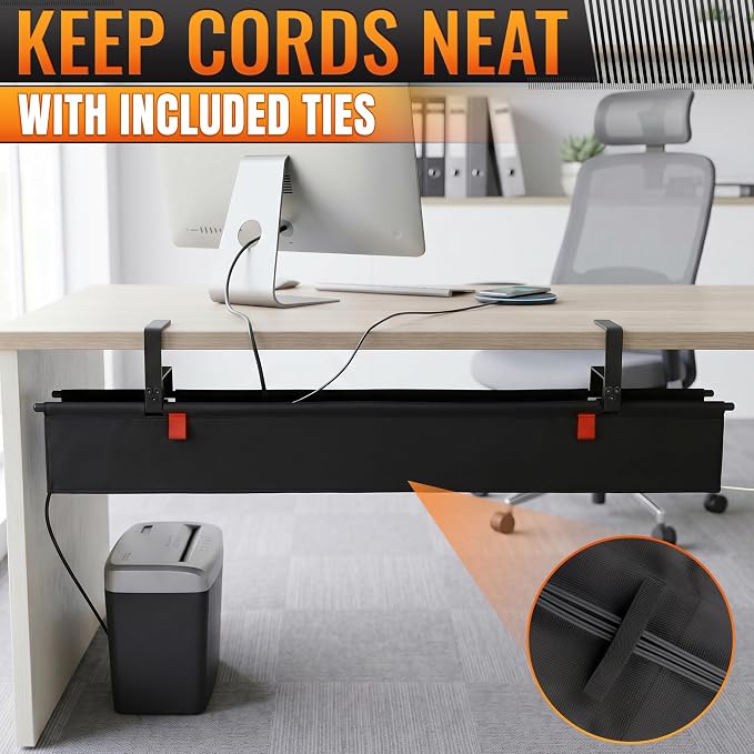 Under Desk Cable Management Tray 36" — No Drill Clamp-On Cord Organizer for Desk with Built-in Ties, Heavy Duty Metal Clamp, Foldable 600D Oxford Fabric for Home Office, WFH & Gaming PC Setup (Black) - Image 4