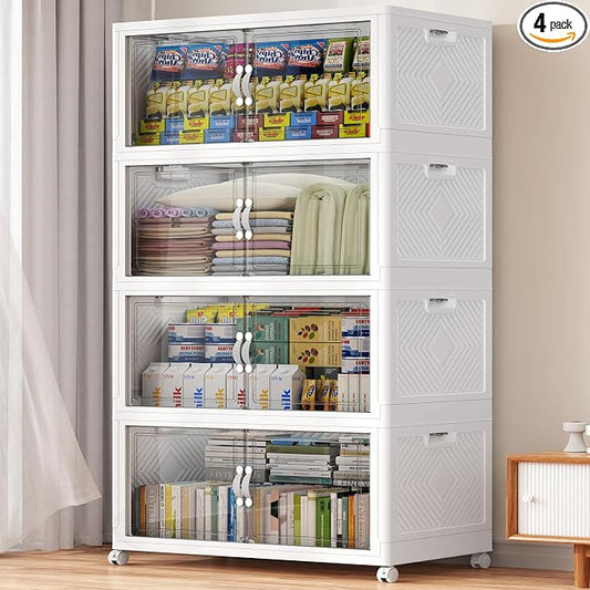 BROVIEW 640QT Large Stackable Storage Bins with Clear Doors, V20 4Pack | 160Gal Plastic Closet Organizer Cabinet with Lid and Wheels, Collapsible Latch Box Folding Drawer for Home, White by BROVIEW-EnjoytheArtofLife
