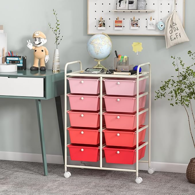 Giantex 10 Drawers Rolling Cart, Classroom Organizers, Storage Cart with Wheels, for Teacher Office Home School Supplies Tool Craft Art Paper, Pink Gradient - Image 2