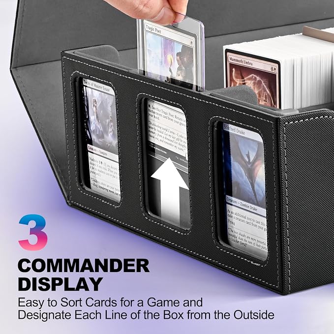 UAONO 3-Row Trading Card Storage Box with Commander Display, Black Grey | 1800+ Commander Deck Box for MTG, Bulk Card Case Fits Magic TCG PTCG Sports Cards, 10 Dividers & 3 Stoppers - Image 2