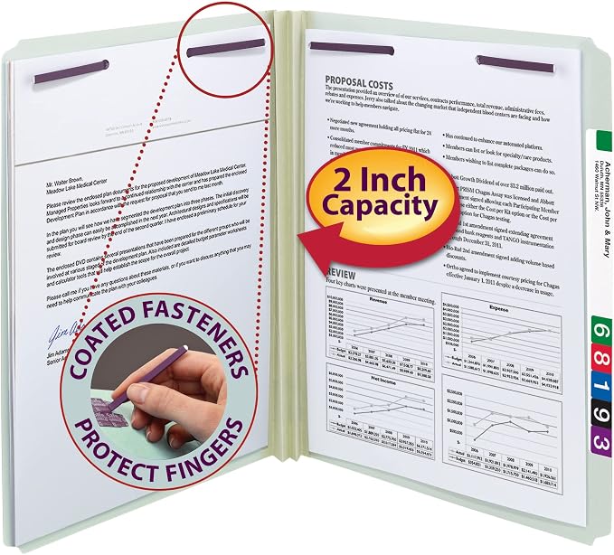 Smead Pressboard Fastener File Folder with SafeSHIELD Fasteners, 2 Fasteners, Straight-Cut Tab, 2" Expansion, Letter Size, Gray/Green, 25 per Box (14910) - Image 2