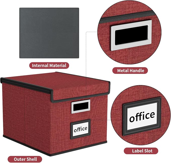 File Organizer Box with Lids, Collapsible File Folder Organizer | File Box with Plastic Slides for Office Document Storage, Filing Bin for Letter Size Hanging File Folders (1 Pack, Dark Red) - Image 4