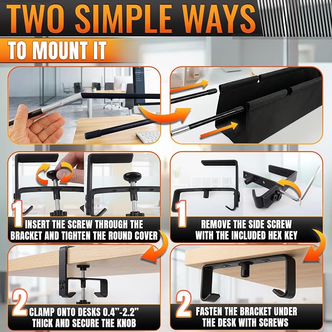 Under Desk Cable Management Tray 36" — No Drill Clamp-On Cord Organizer for Desk with Built-in Ties, Heavy Duty Metal Clamp, Foldable 600D Oxford Fabric for Home Office, WFH & Gaming PC Setup (Black) - Image 5