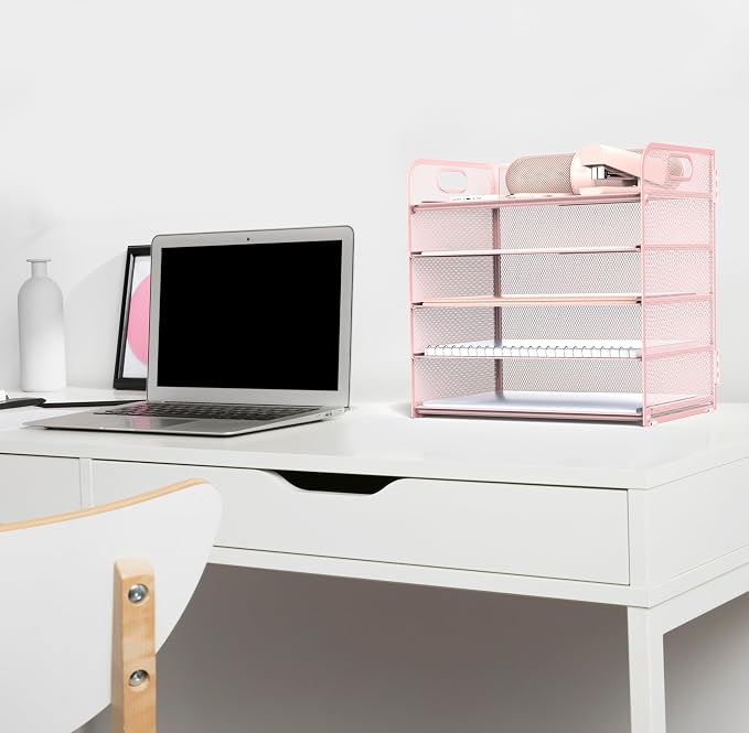 Sinboun Letter Tray Paper Organizer 5-Tier Desk Organizer File Organizer Paper Holder with Handle, Metal Desktop Document Shelf Tray Office Classroom Organization - Pink, PK5CENGTISHOU - Image 4
