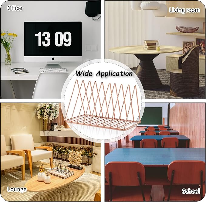 6 Pieces Magazine Holder Triangle File Holder Book Record Metal Vinyl Record Storage Magazine Rack Multifunction Triangle File Organizer Sorter for Decor Home Office (Rose Gold) - Image 7