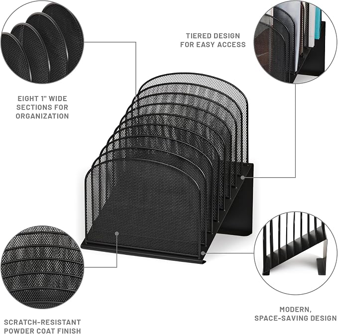 Safco Onyx Desk Organizer, 8 Tiered Vertical Compartments, Office and Classroom Mailbox , Paper and Mail Sorter, Steel Mesh, Black - Image 3