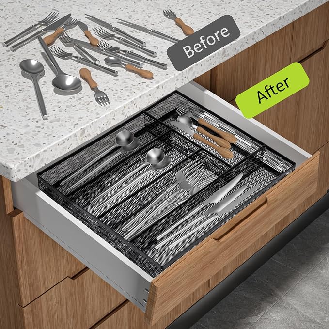 Neudeco Silverware Drawer Organizer, Black | 5 Compartment, Mesh Wire, Non-Slip Feet, Cutlery Tray - Image 6