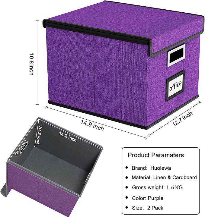 File Organizer Box with Lids, Collapsible File Folder Organizer | File Box with Plastic Slides for Office Document Storage, Filing Bin for Letter Size Hanging File Folders (2 Pack, Purple) - Image 6