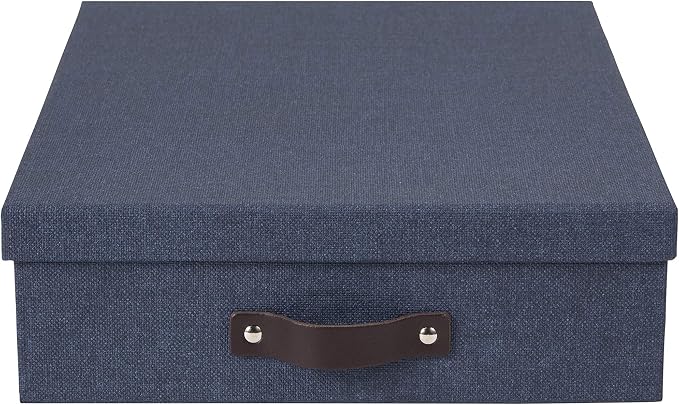 Bigso Oskar Canvas Fiberboard Document Letter Box - File Organizer Box for Important Paperwork - Document Storage with a Lid & Leather Handle - 3.3 in x 10.2 in x 13.8 in - Blue - Image 2