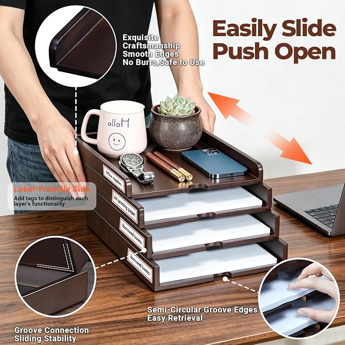 Solid Wood Stackable Letter Tray, 4-Tier Desk File Organizer for A4 Paper | letter tray for files, mail, bills & documents. walnut finish desktop organizer for home office workspace declutter. - Image 4