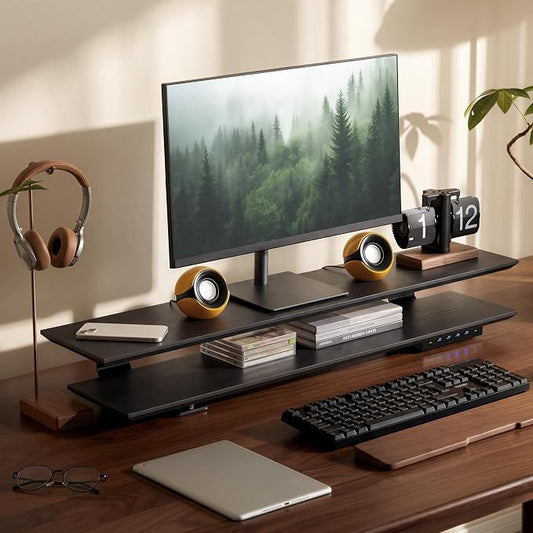Dual Monitor Stand Riser for Large Office Desk Organization, Black | Solid Wood Made, 30w Fast Charging Ports, Data Transfer USB Ports, Raise Monitor Height, More Desk Space, No Wobble by Unknown