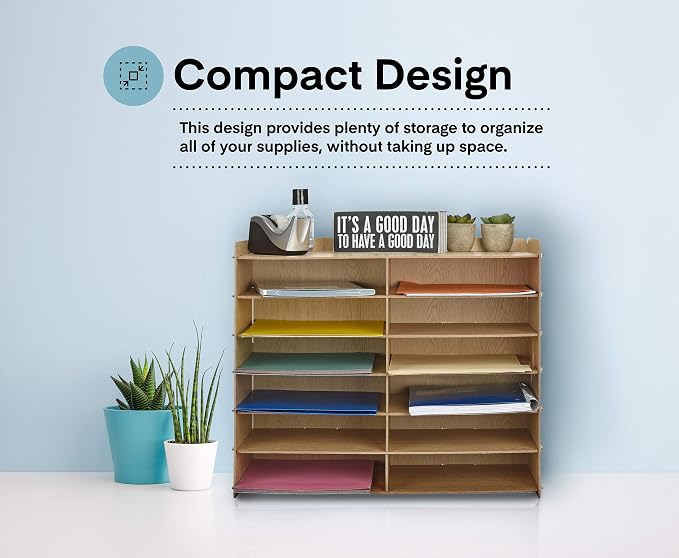 Adir Wood Paper Storage Organizer - Construction Paper Storage - Vertical File Mail Sorter - A Stylish Look for Home, Office, Classroom and More - Wood Grain (12 Compartment) - Image 7