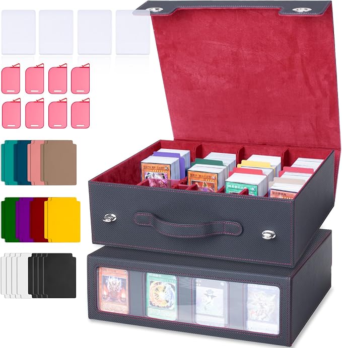 4-Row 3000+ Trading Card Storage Box for MTG, Card Deck Box with Snap-fit Design, 4 Card Sleeves, 8 Stoppers, 24 Dividers (4-Rows Black-Red) by Sesmez