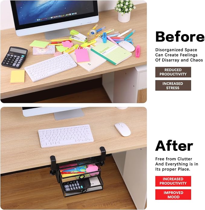 ROSYLINE Under Desk & Desktop Drawer Organizer, 2-Tier Big Capacity | Steel Construction, Clip-On No Drill Installation, Fits A4 Paper, for Office & Household Supplies - Image 8