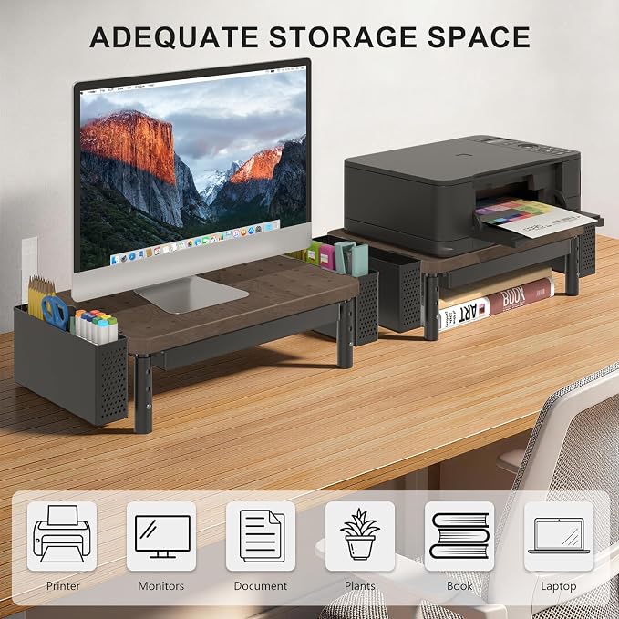 WALI Plastic Computer Monitor Stand with Storage, Desk Organizer with Drawer and Pen Holder, Desk Monitor Riser 3 Height Adjustable, Laptop Riser for Computer, Laptop, Printer(PTT003-C), 1 Pack, Brown - Image 9