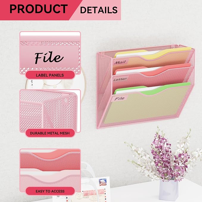 3 Pockets Hanging Wall File Organizer Mail Holder, Wall Mounted Paper Document Folder Holder, Clipboard Storage Organization Magazine Rack, Pink - Image 4