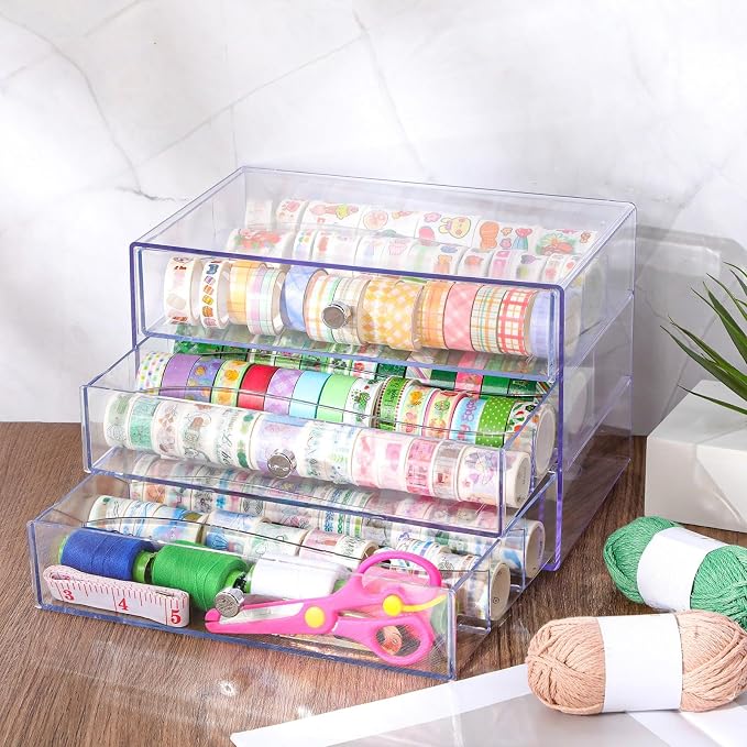 2 Pack 3 Drawer Washi Tape Organizer Plastic Washi Tape Storage Cube Organizer Box 10 x 7 x 6.8 Large Capacity Clear Storage Drawer Holder for Art Craft Embellishments Jewelry Makeup - Image 2