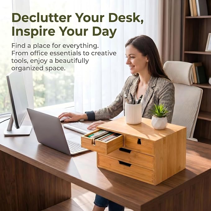 Bamboo Desk Organizer, 100% Natural Bamboo Desktop Drawer Organizer, Tabletop Storage Cabinet Organization Box with 4 Drawers for Makeup, Letter, Home Office Supplies, 3-Layer, Fully Assembled - Image 7