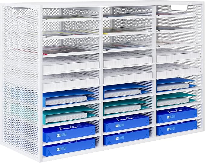 Mail Sorter Adjustable Countertop Mail Holder, Heavy Duty Literature Organizer, Student Mailbox for Classroom, Desktop Bill Paper Organizer for Office Home School, 27 Compartments, White by PAG-Mass
