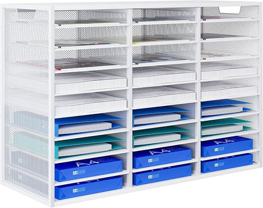 Mail Sorter Adjustable Countertop Mail Holder, Heavy Duty Literature Organizer, Student Mailbox for Classroom, Desktop Bill Paper Organizer for Office Home School, 27 Compartments, White by PAG-Mass
