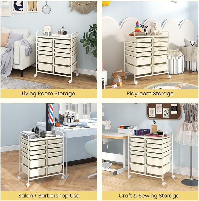 Moccha 12-Drawer Rolling Storage Cart - Utility Cart on Wheels with Lockable Casters for Craft Art Supply Paper Salon, Mobile Drawer Carts for Classroom Teacher School Office (White) - Image 7
