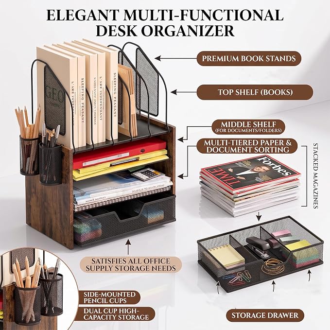 Wood Desk Organizer - 4-Tier Desktop File Organizer with Drawer, Wooden Paper Tray, Vertical File Holders & 2 Pencil Holders - Office Desk Organizer for Papers, Mail, Notebooks, Stationery - Image 4