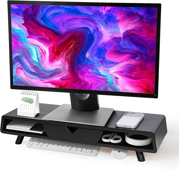 Homerays Monitor Stand with Drawer, Exquisite Computer Monitor Stand for Desk, Ergonomic Wood Monitor Stand Riser for Computer,Laptop,Printer,TV,Bamboo,Black by Homerays
