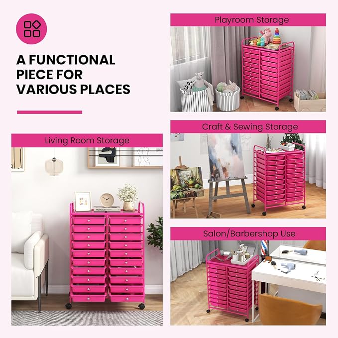 Giantex 20 Drawers Rolling Cart, Mobile Storage Drawer Cart, Classroom Organizer for Office School Supplies Teacher Tools Scrapbook Paper Craft Small Printer, Utility Stand on Wheels, Hot Pink - Image 7